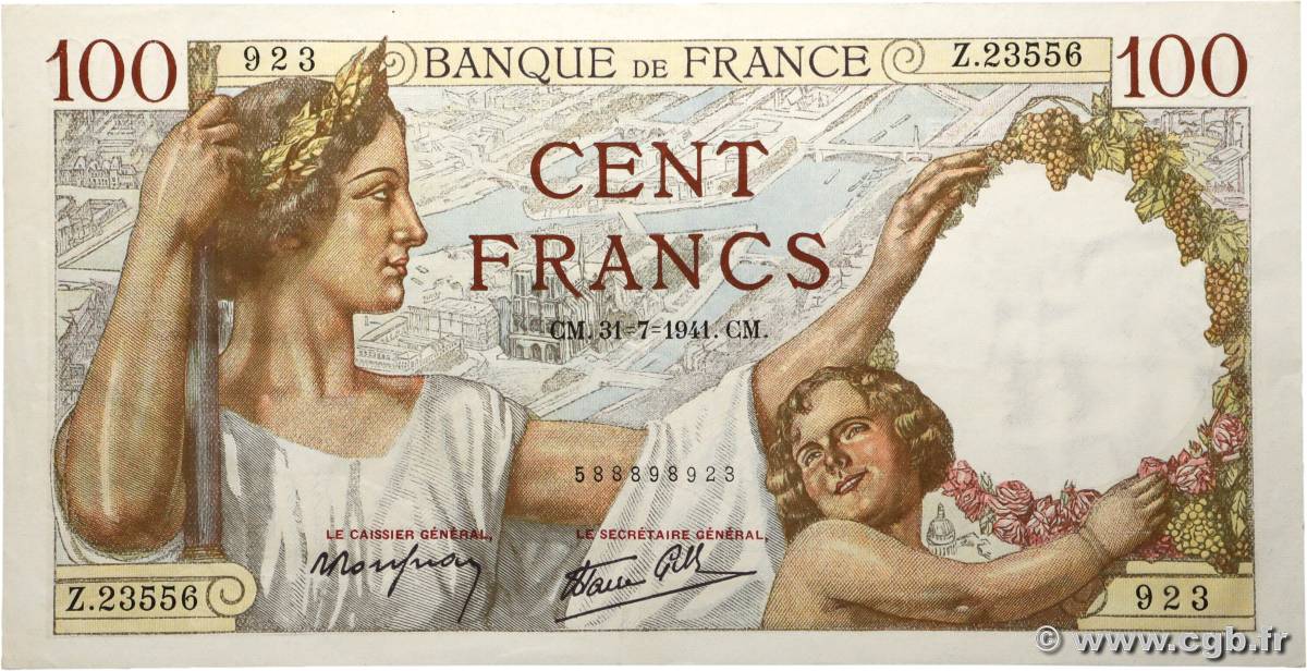 100 Francs SULLY FRANCE  1941 F.26.56 SUP