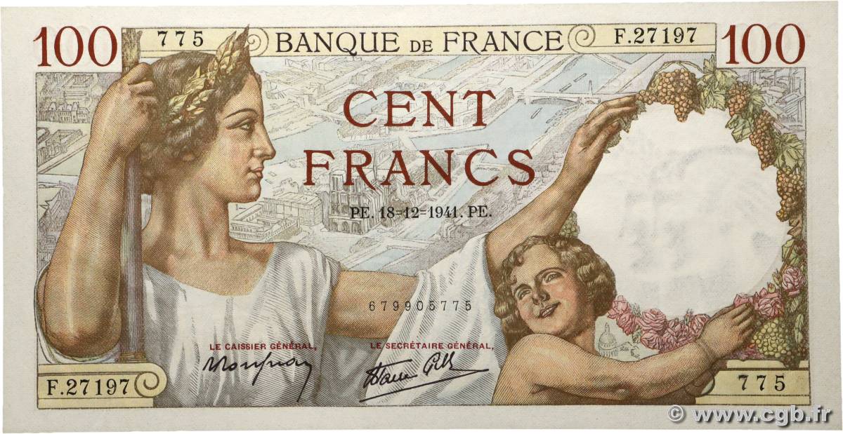 100 Francs SULLY FRANCE  1941 F.26.63 SPL