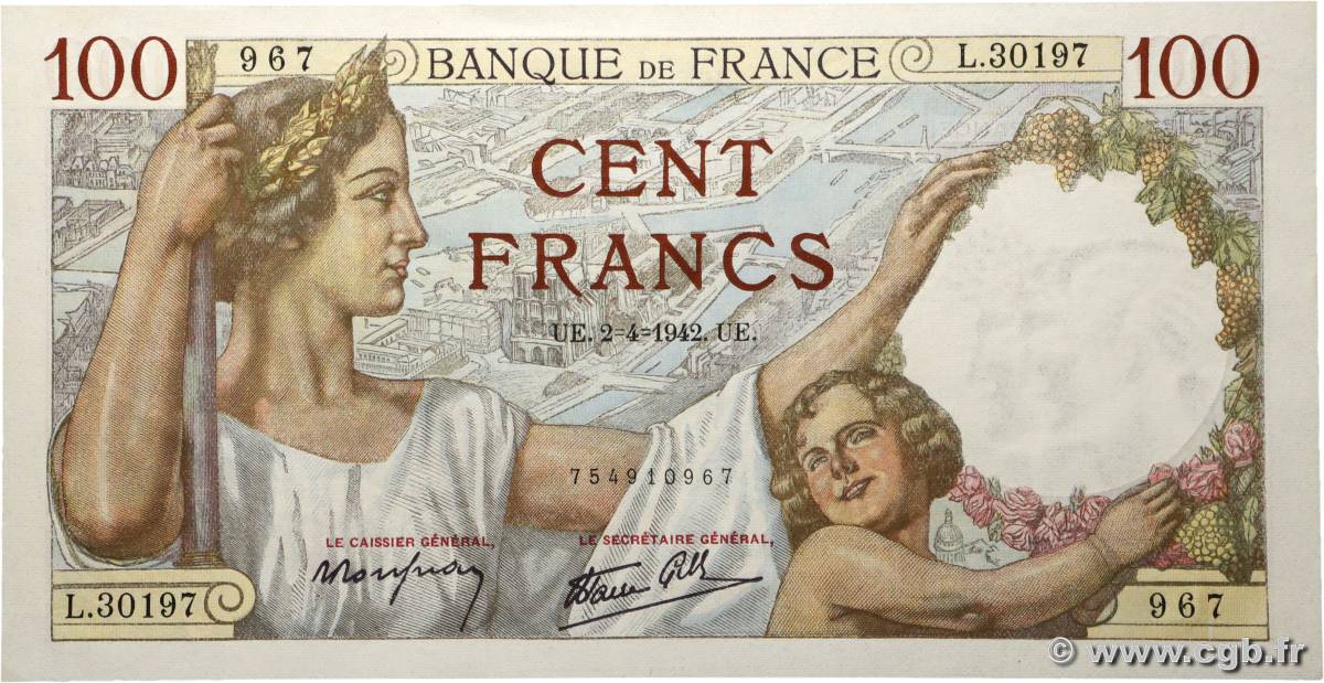100 Francs SULLY FRANCE  1942 F.26.69 pr.NEUF