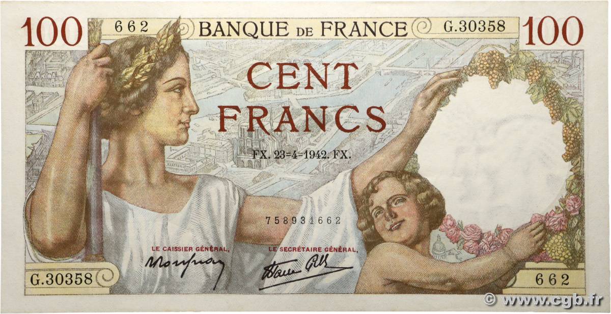 100 Francs SULLY FRANCE  1942 F.26.70 pr.SPL