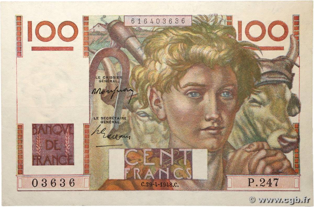 100 Francs JEUNE PAYSAN Numéro spécial FRANCE  1948 F.28.18 SUP