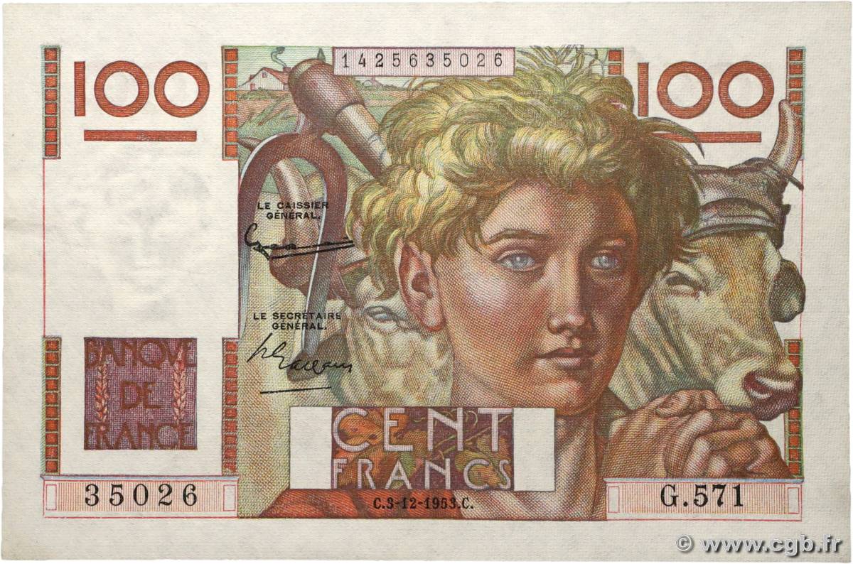 100 Francs JEUNE PAYSAN FRANCE  1953 F.28.40 TTB+