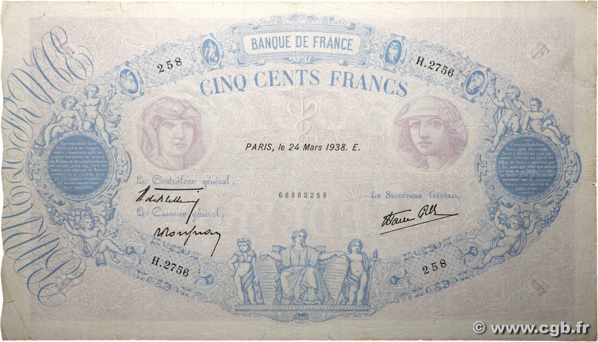 500 Francs BLEU ET ROSE modifié FRANCE  1938 F.31.06 F
