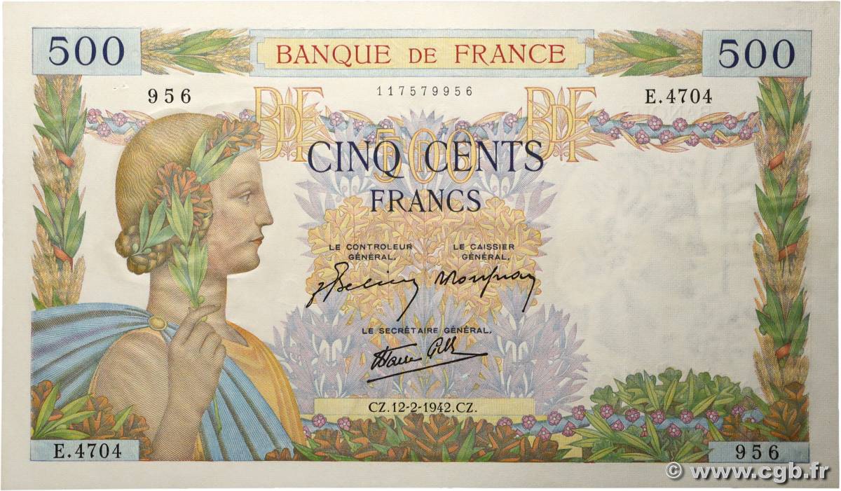 500 Francs LA PAIX FRANCE  1942 F.32.29 pr.SUP