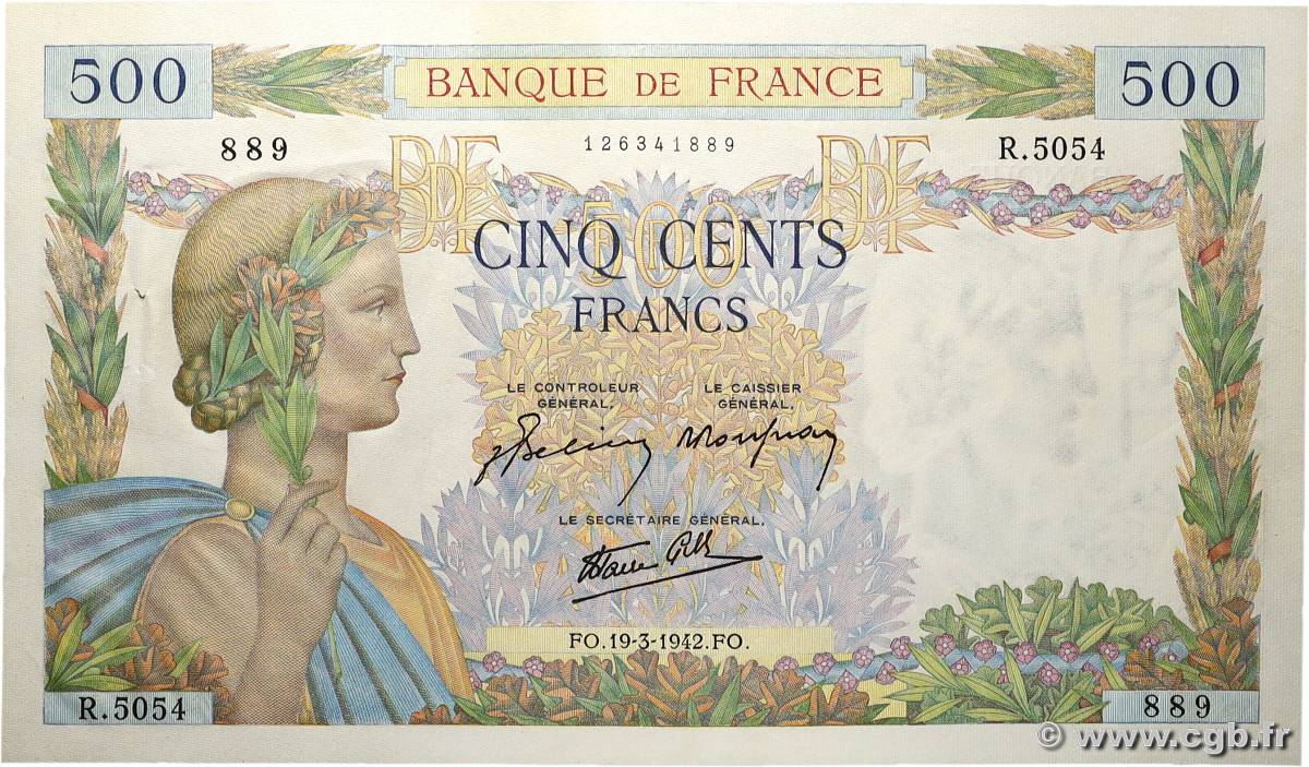 500 Francs LA PAIX FRANCE  1942 F.32.31 AU