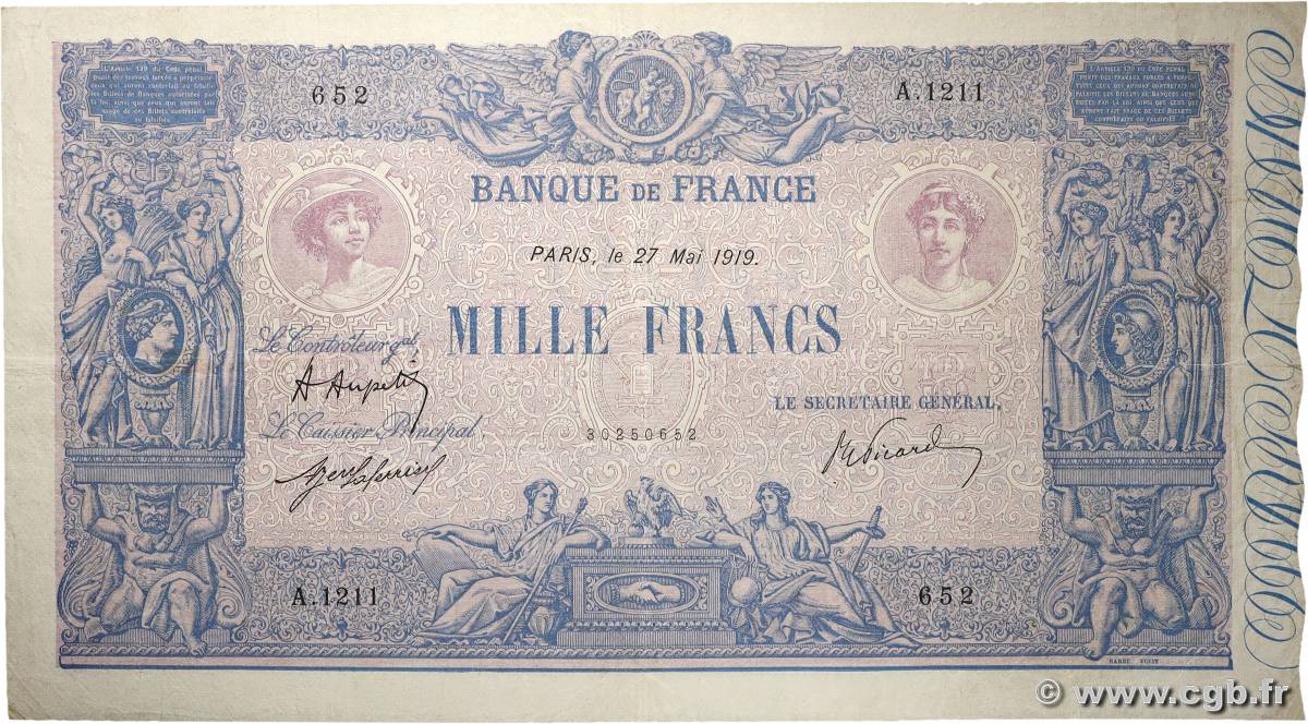 1000 Francs BLEU ET ROSE FRANCE  1919 F.36.34 TB+