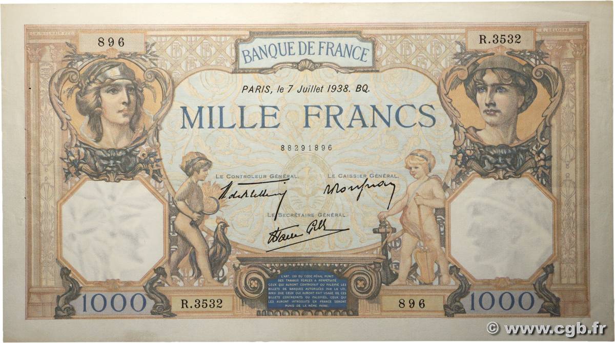 1000 Francs CÉRÈS ET MERCURE type modifié FRANCE  1938 F.38.22 TTB+