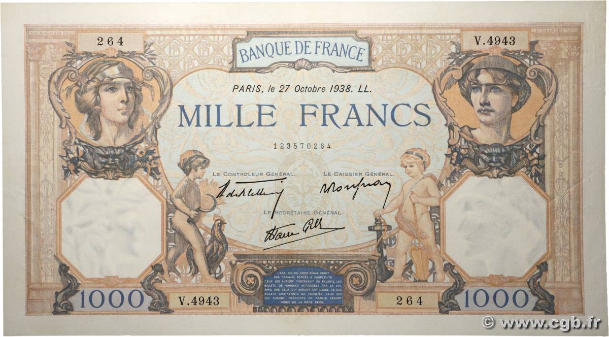 1000 Francs CÉRÈS ET MERCURE type modifié FRANCE  1938 F.38.31 SUP