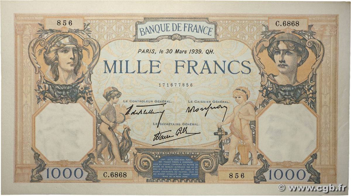 1000 Francs CÉRÈS ET MERCURE type modifié FRANCE  1939 F.38.35 XF+