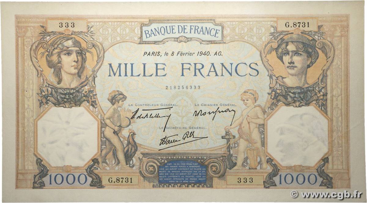 1000 Francs CÉRÈS ET MERCURE type modifié FRANCE  1940 F.38.42 SUP