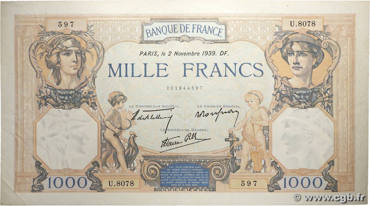 1000 Francs CÉRÈS ET MERCURE type modifié FRANCE  1939 F.38.38 XF