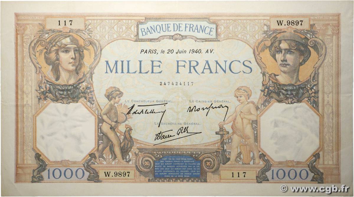 1000 Francs CÉRÈS ET MERCURE type modifié FRANCE  1940 F.38.49 VF+