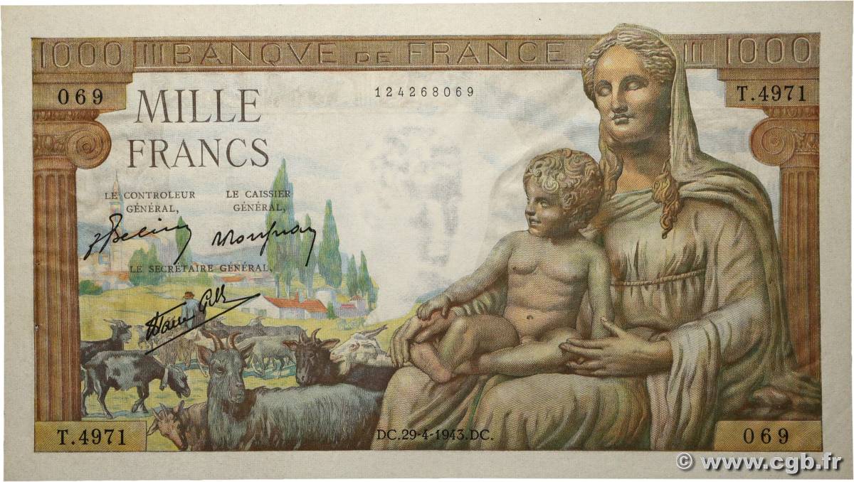 1000 Francs DÉESSE DÉMÉTER FRANCE  1943 F.40.22 SPL
