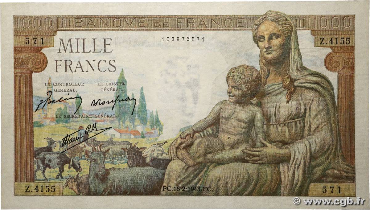 1000 Francs DÉESSE DÉMÉTER FRANCE  1943 F.40.19 TTB+