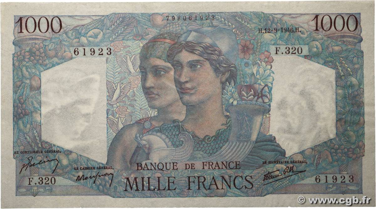 1000 Francs MINERVE ET HERCULE FRANCE  1946 F.41.16 TTB+