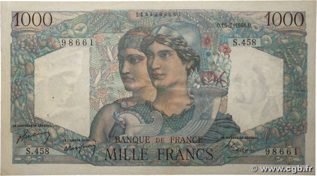 1000 Francs MINERVE ET HERCULE FRANCE  1948 F.41.22 TTB