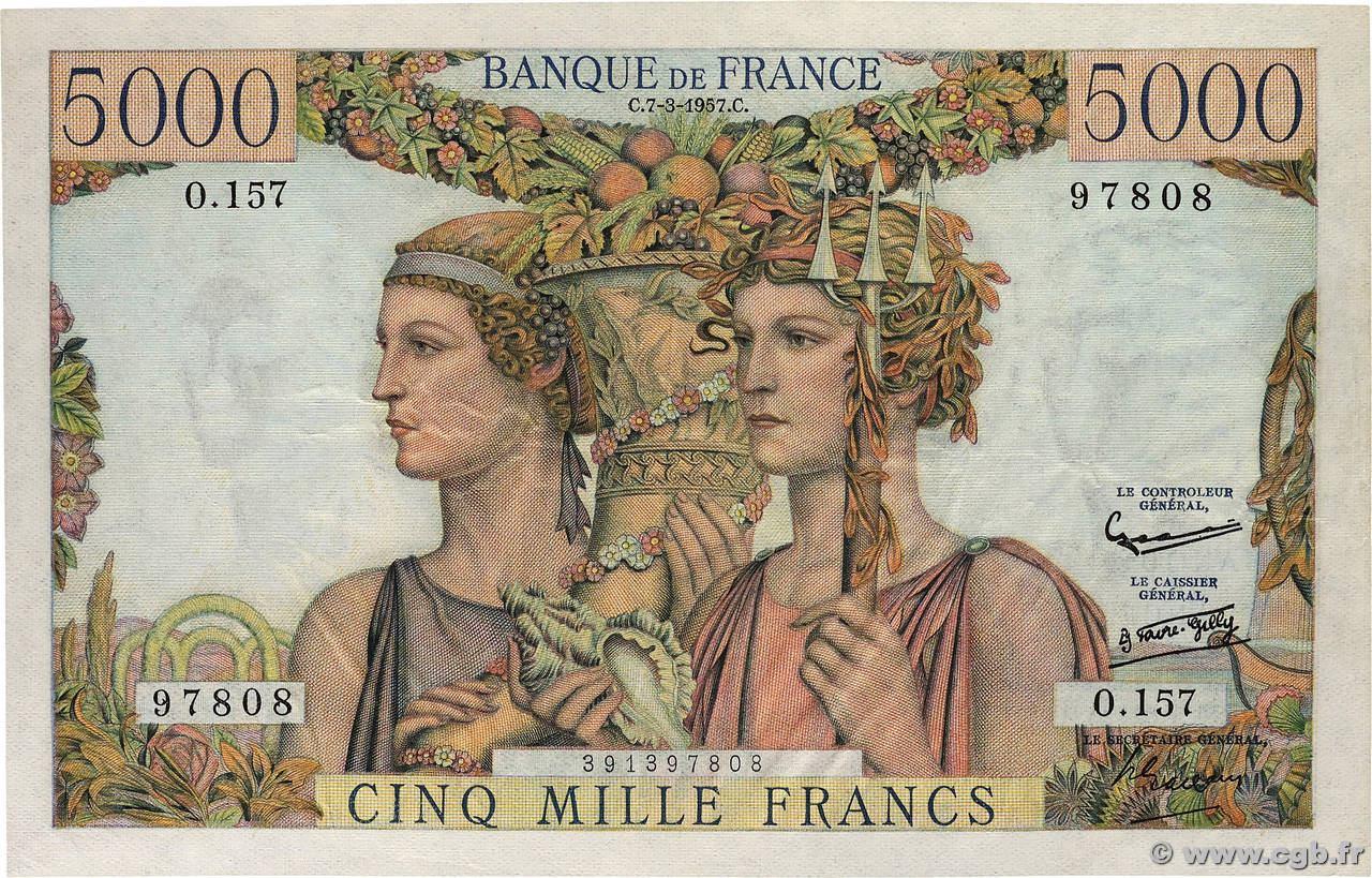 5000 Francs TERRE ET MER FRANCE  1957 F.48.13 XF