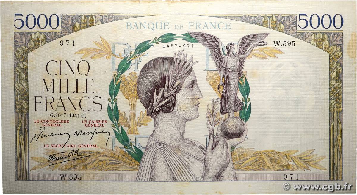 5000 Francs VICTOIRE Impression à plat FRANKREICH  1941 F.46.23 SS