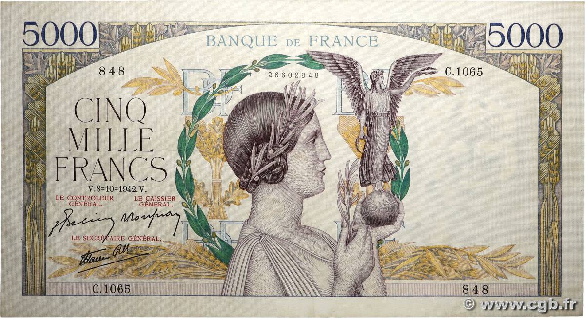 5000 Francs VICTOIRE Impression à plat FRANKREICH  1942 F.46.42 fVZ