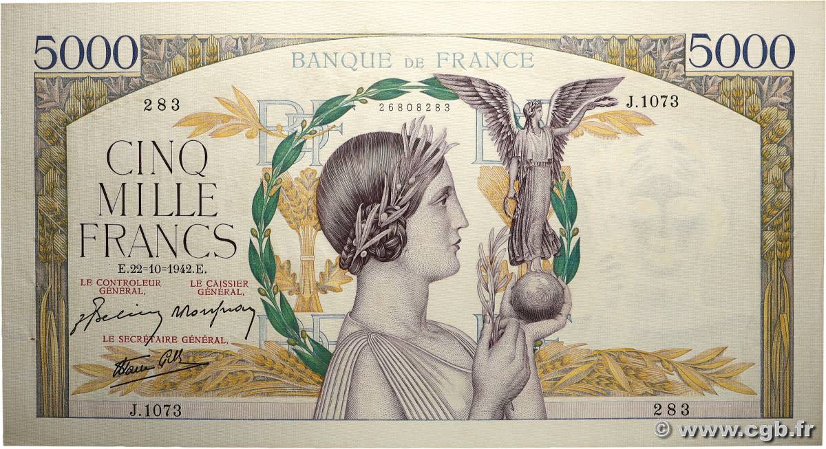 5000 Francs VICTOIRE Impression à plat FRANCE  1942 F.46.43 SUP