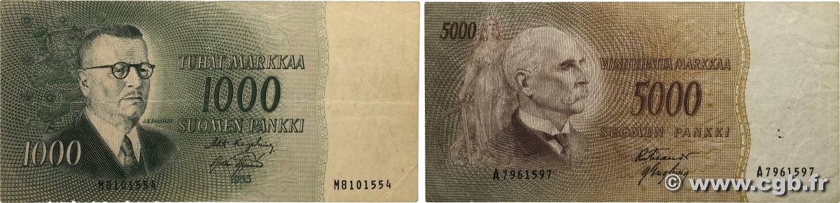 1000 et 5000 Markkaa Lot FINLANDIA  1955 P.093a et P.094a MB
