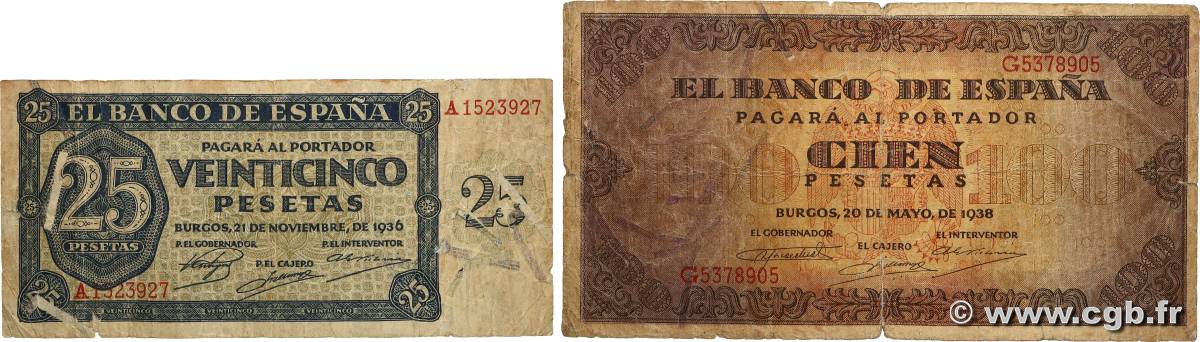 25 et 100 Pesetas Lot SPANIEN  1938 P.099a et P.113 fS