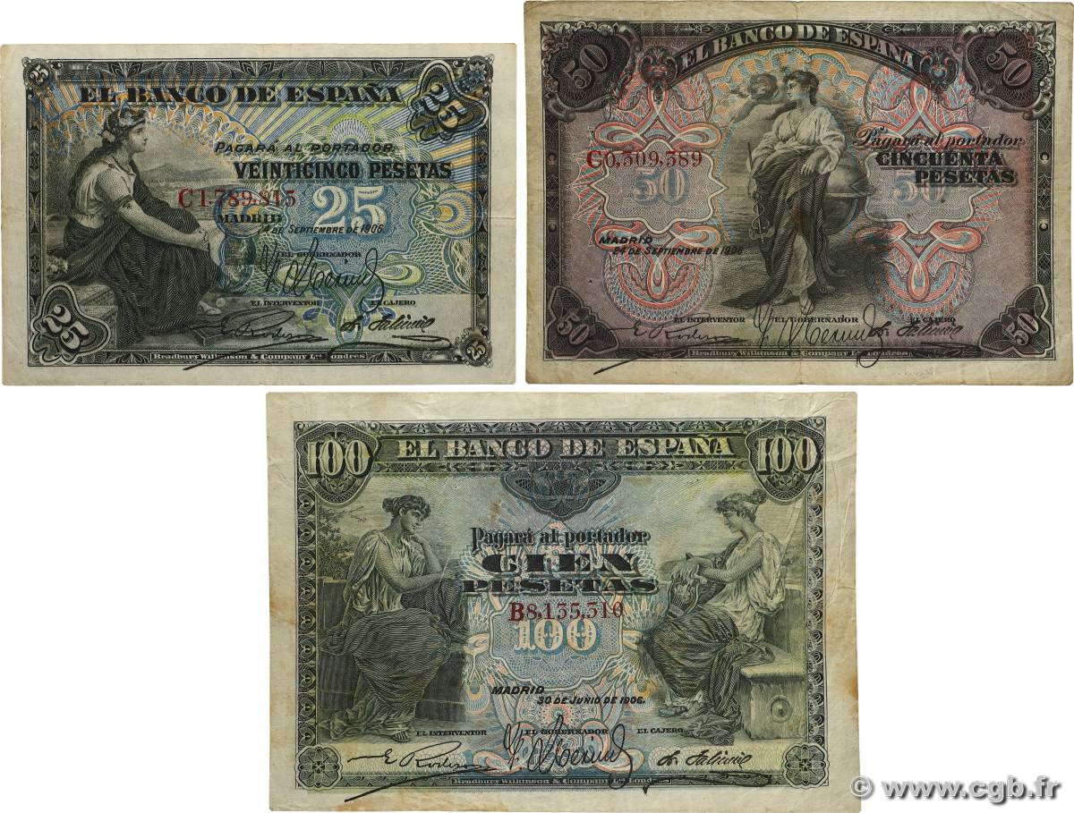 25 à 100 Pesetas Lot SPANIEN  1906 P.057a, P.058a et P.059a S