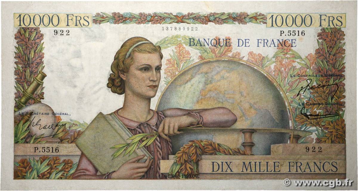 10000 Francs GÉNIE FRANÇAIS FRANCIA  1953 F.50.67 q.BB