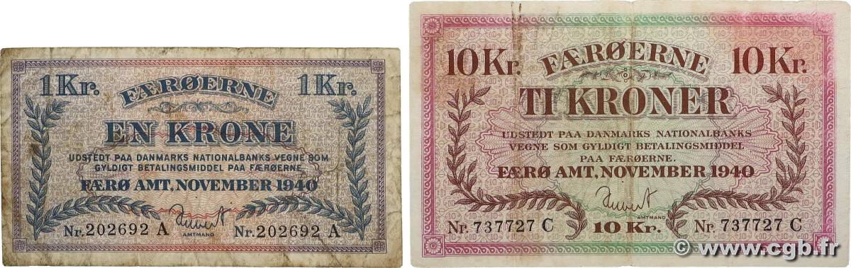 1 et 10 Kroner Lot ÎLES FEROE  1940 P.09 et P.11a TB