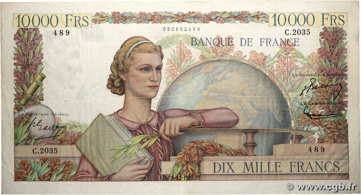 10000 Francs GÉNIE FRANÇAIS FRANKREICH  1951 F.50.55 fSS