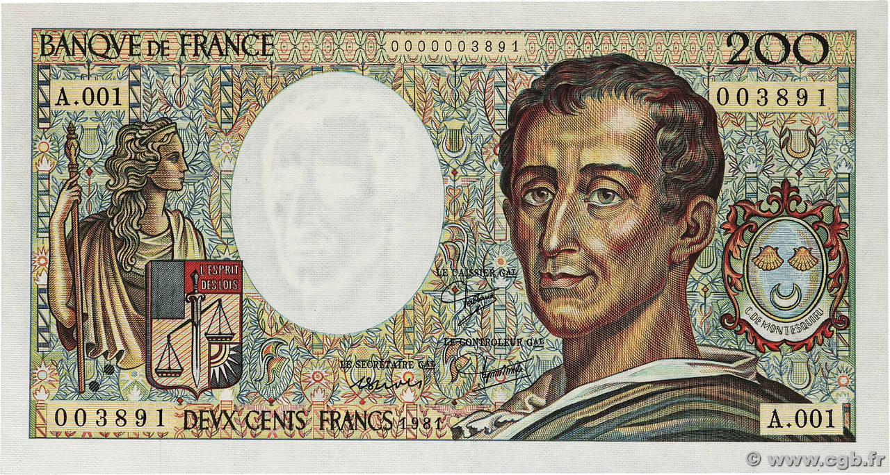 200 Francs MONTESQUIEU Petit numéro FRANCE  1981 F.70.01A1 pr.NEUF