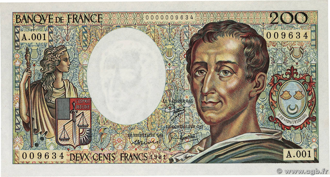 200 Francs MONTESQUIEU Petit numéro FRANCE  1981 F.70.01A1 pr.NEUF