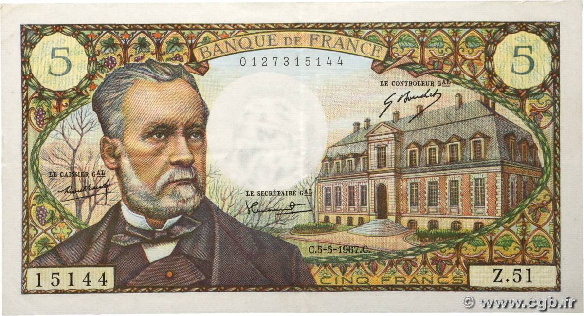 5 Francs PASTEUR FRANCE  1967 F.61.05 XF