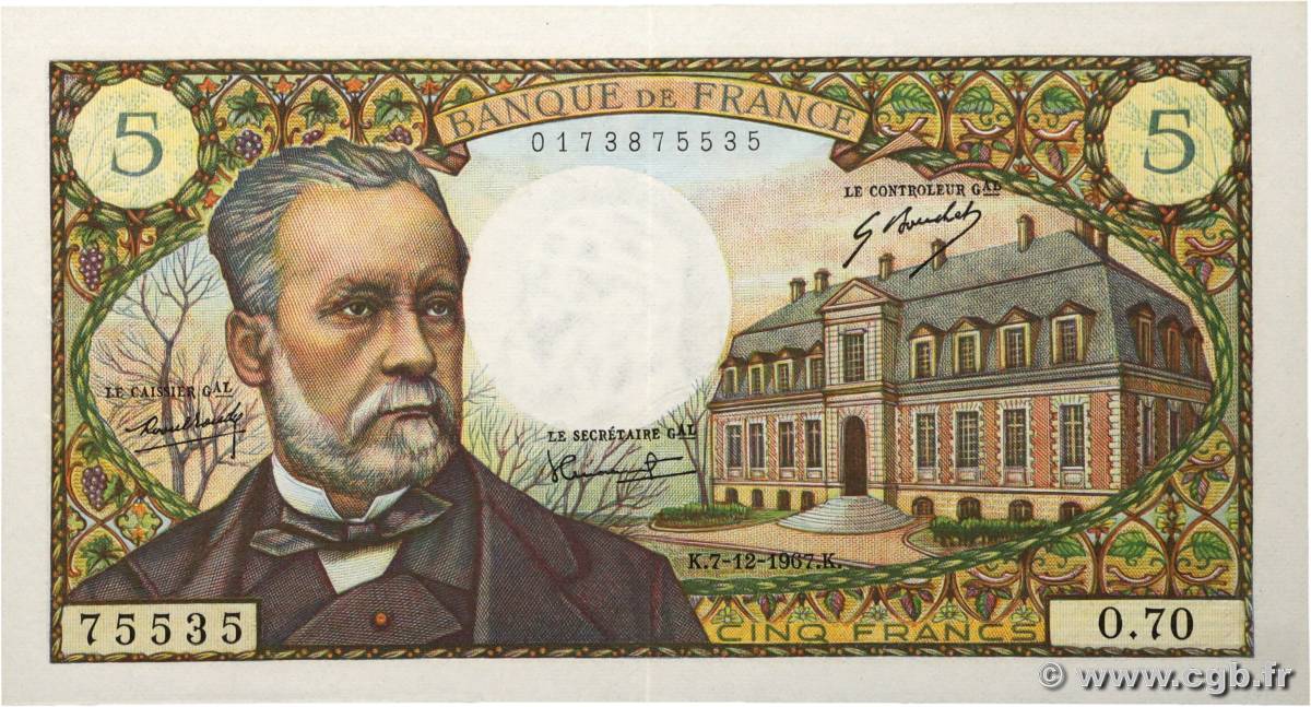5 Francs PASTEUR FRANCE  1967 F.61.06 XF+