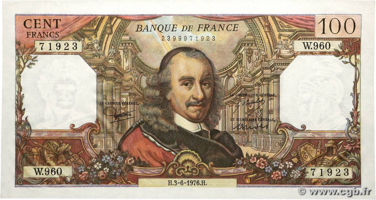 100 Francs CORNEILLE FRANCE  1976 F.65.53 UNC-