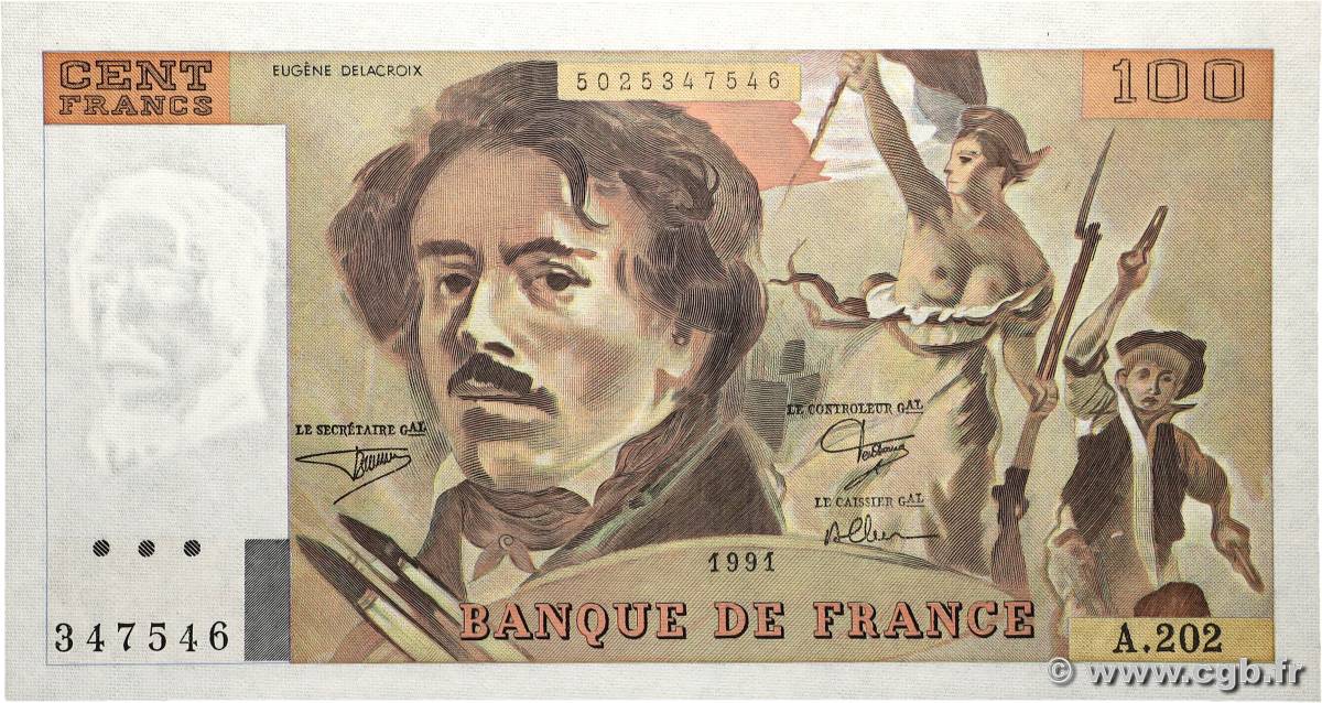 100 Francs DELACROIX imprimé en continu FRANCE  1991 F.69bis.03c1 NEUF
