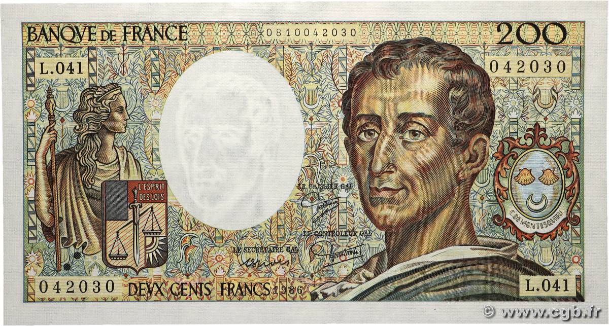 200 Francs MONTESQUIEU FRANKREICH  1986 F.70.06 fST+
