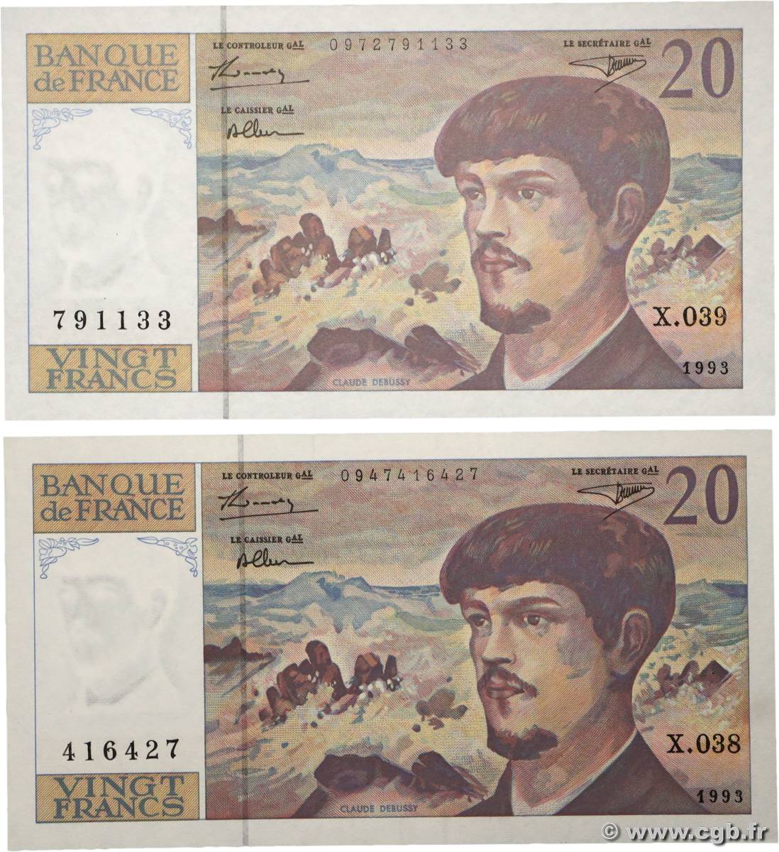 20 Francs DEBUSSY à fil de sécurité Lot FRANCE  1993 F.66bis.04 pr.NEUF