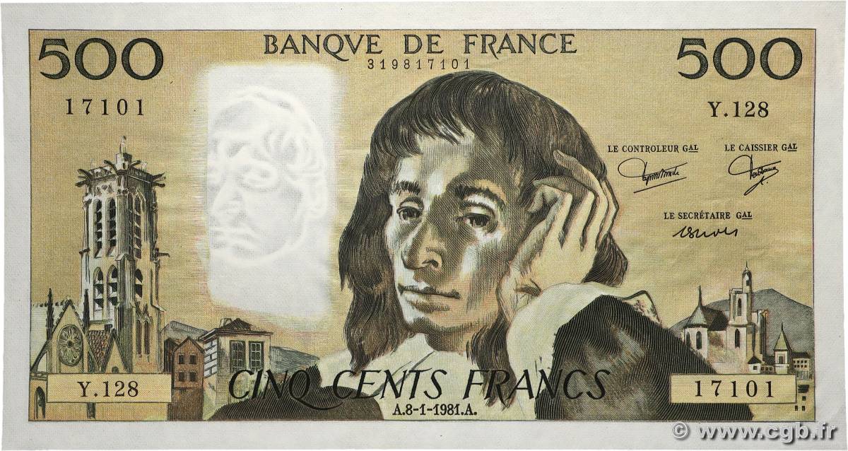 500 Francs PASCAL FRANKREICH  1981 F.71.23 fST+
