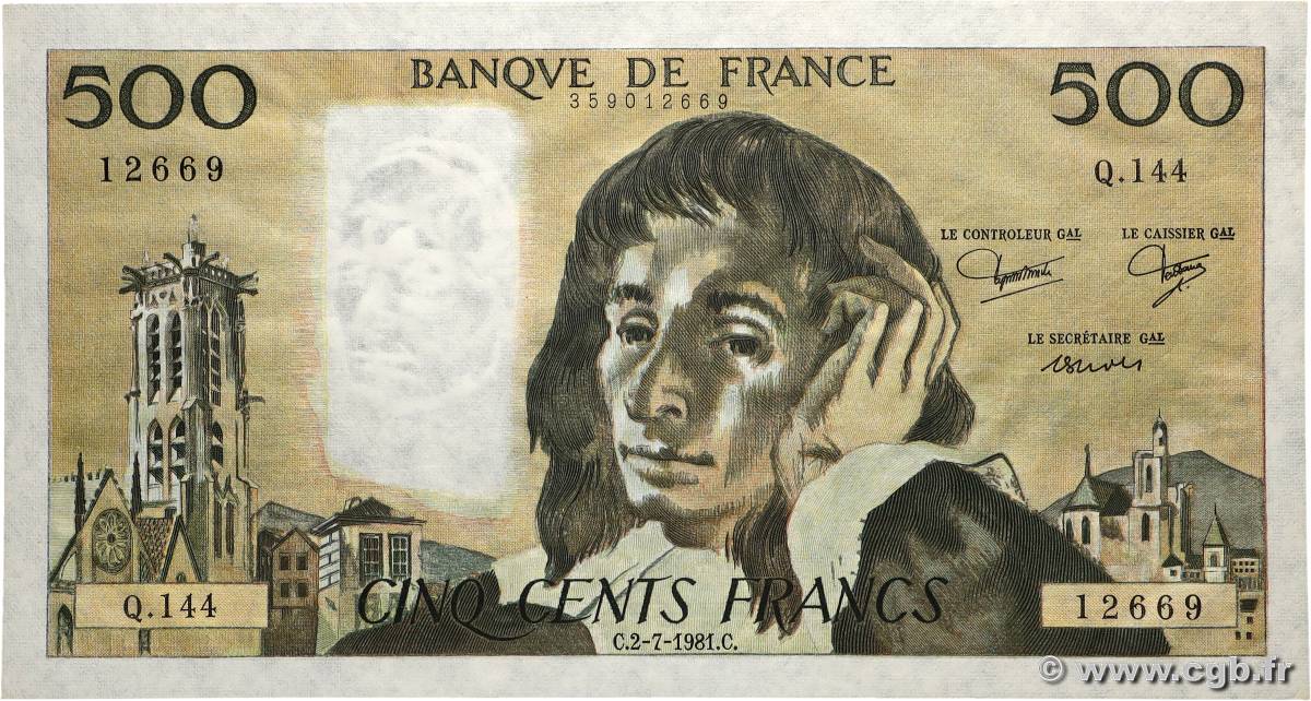 500 Francs PASCAL FRANKREICH  1981 F.71.25 fST+