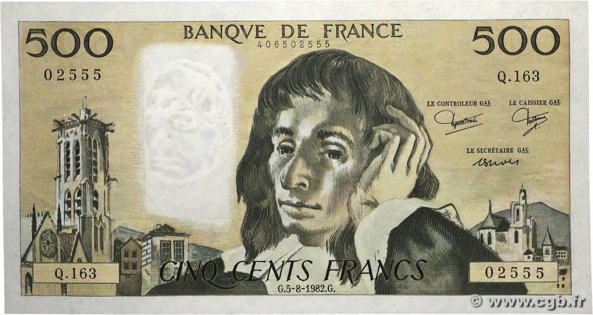 500 Francs PASCAL FRANKREICH  1982 F.71.27 fST+