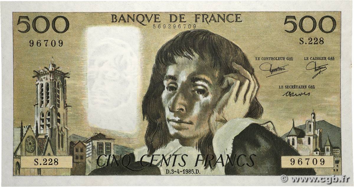 500 Francs PASCAL FRANKREICH  1985 F.71.33 fST+