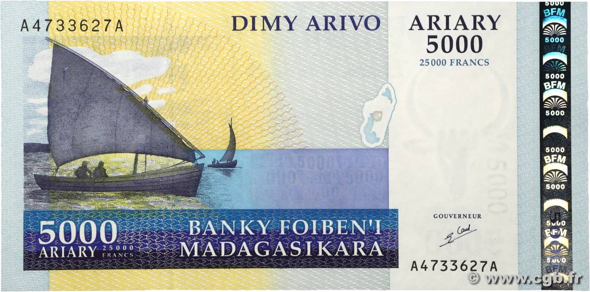 25000 Francs - 5000 Ariary MADAGASCAR  2003 P.084 UNC