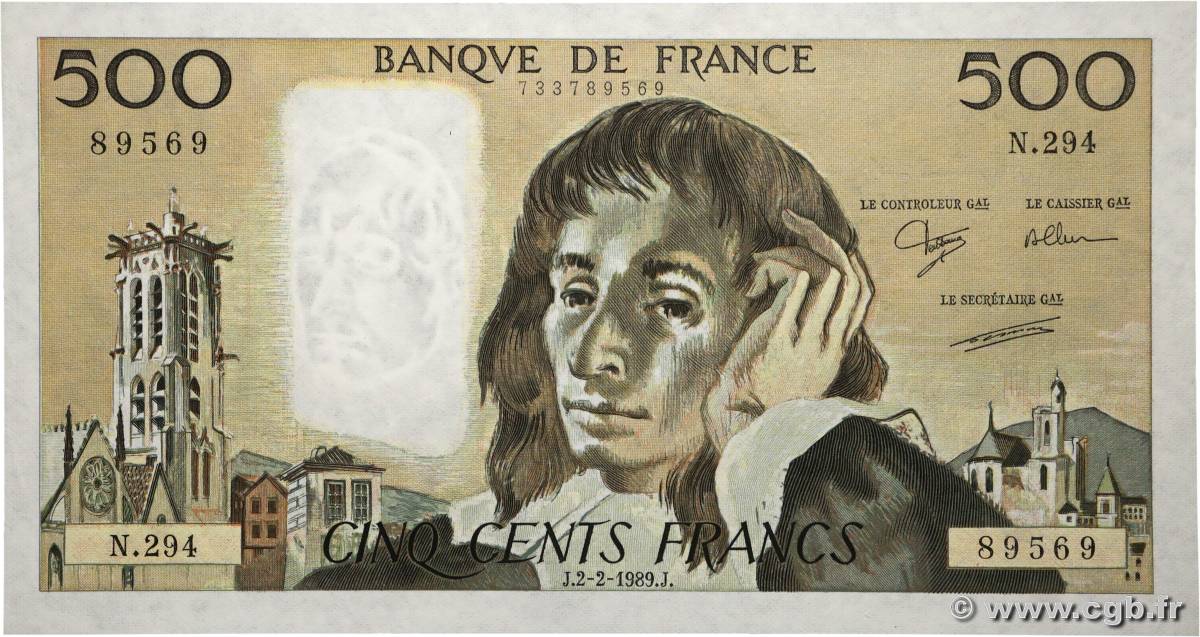 500 Francs PASCAL FRANCE  1989 F.71.40 SPL