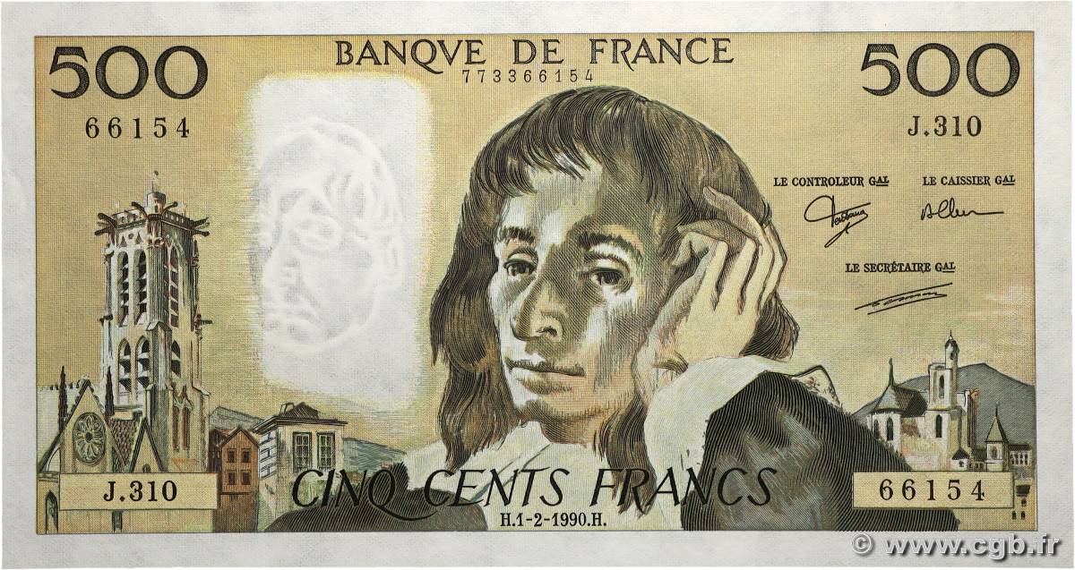 500 Francs PASCAL FRANKREICH  1990 F.71.43 fST+