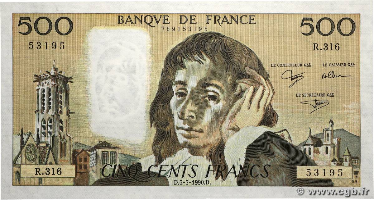 500 Francs PASCAL FRANKREICH  1990 F.71.44 fST+