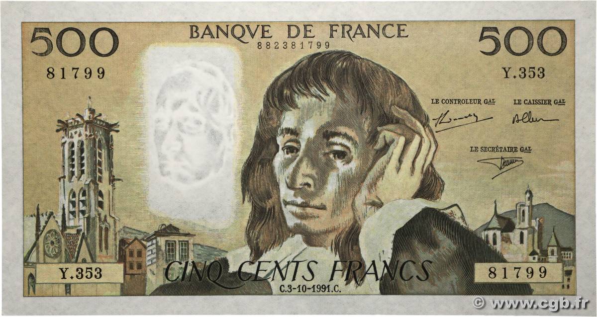 500 Francs PASCAL FRANCE  1991 F.71.48 SUP
