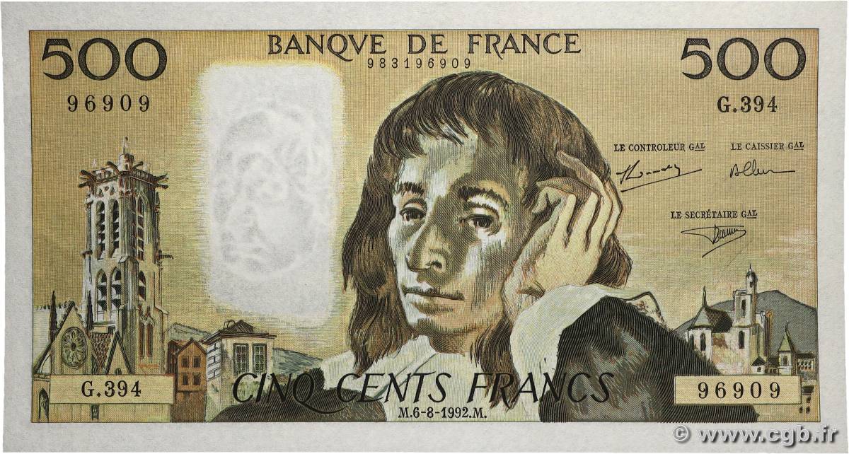 500 Francs PASCAL FRANKREICH  1992 F.71.50 fST+