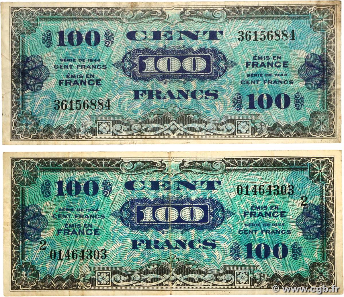 100 Francs DRAPEAU Lot FRANCE  1944 VF.20.01 et 02 pr.TB