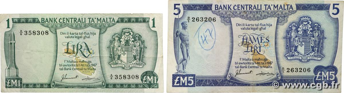 1 et 5 Liri Lot MALTE  1973 P.31f et P.32e fSS